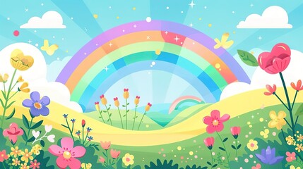 Colorful rainbow over a field of flowers,  bright blue sky with white clouds