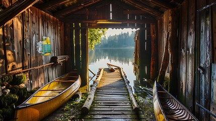 rustic boathouse with wooden walls