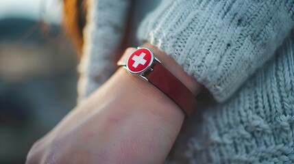 Close-up of Medical Alert Bracelet with Red Cross Icon on Minimalist Design