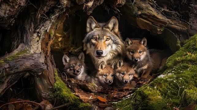 Cozy Wolf Den with Curious Pups Under Watchful Gaze of Mother