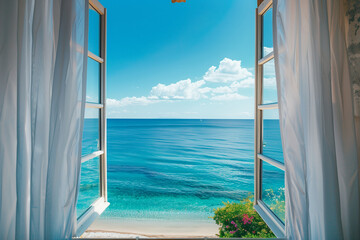 Views from a hotel window to the sea in a tropical landscape for vacation travel, showcasing a breathtaking tropical seascape inviting relaxation and le