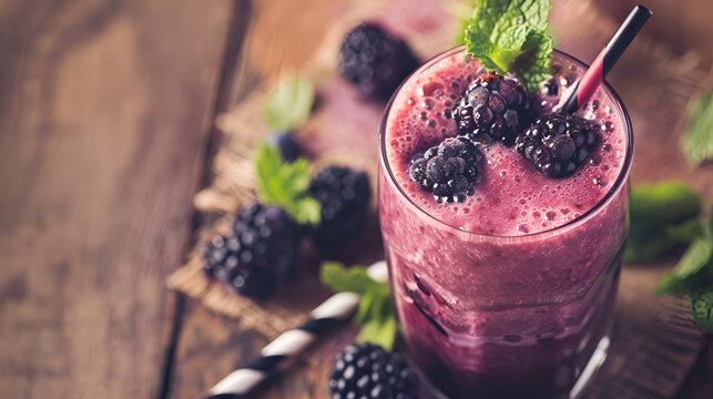 batido o licuado de zarzamora vida saludable smoothie de moras sobre una mesa de madera con espacio para copiar bebida tropical estilo de vida