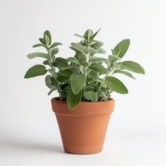 Obraz premium Full-length photo of a small potted sage plant isolated on white background