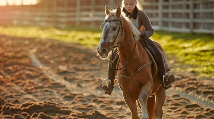 A woman is riding a horse in a field with flowers