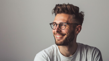 Obraz premium Portrait of a young man on a white background wearing glasses. Smiling man posing on a white background. Lifestyle.