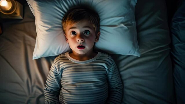 Top view portrait of frightened boy during nightmares. Child lies on pillow in bed with big, frightened eyes after bad dream.