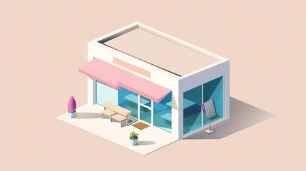 Isometric Illustration of a small shop with pink awning.