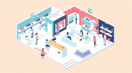 Isometric illustration of a busy office space with people working and collaborating.