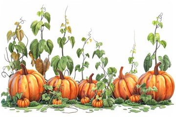 A pumpkin patch clipart, Halloween scene, 3D realistic illustration, various sizes, isolated on white background