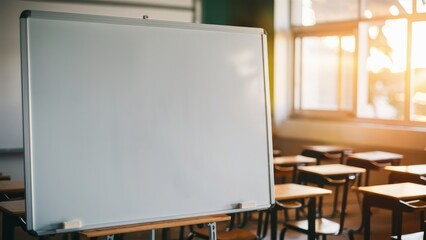 An empty classroom featuring a large whiteboard in the foreground, with sunlight streaming through the windows 