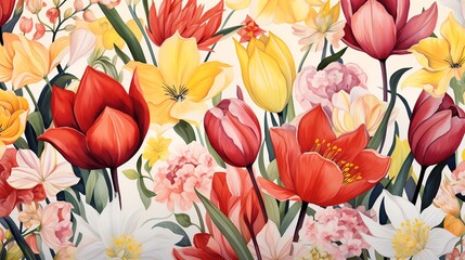 Watercolor painting of a bouquet of colorful tulips and other spring flowers