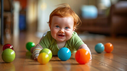 Fototapeta premium Adorable baby with red hair playing with colorful balls on a wooden floor.