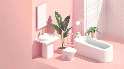 Minimalist pink bathroom interior design with bathtub, sink, toilet and plants.