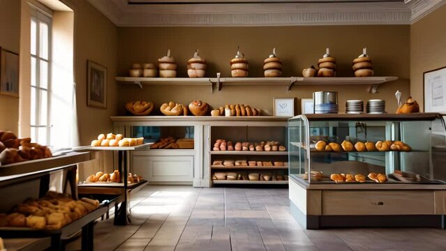 Push in shot interior of bakery with fresh pastries without people. Place for selling small business products. Appetizing buns lie on display cases and shelves at beginning of working day.