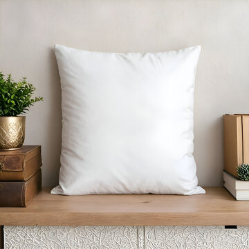 Mockup plantilla cojin en blanco sobre una estanter&iacute;a junto a una maceta con una planta y unos libros 