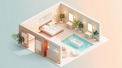 Isometric illustration of a modern bathroom with a bathtub, bedroom and plants.