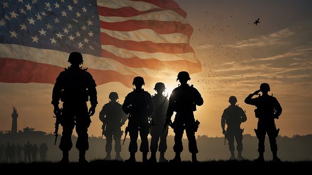 silhouette of men soldiers troops standing celebrating independence day