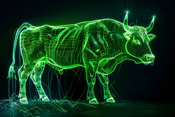 Incredible bull made of bright green neon wires, photorealistic , cute bull animal, vector, neon, cyberpunk, futuristic, black background, 3d rendering