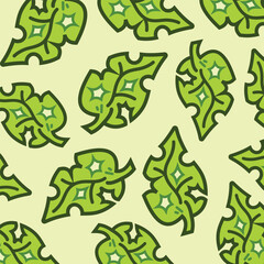 Green leaves with holes pattern illustration isolated on square light green background. Simple flat eco friendly and pesticides free plant themed cartoon art styled drawing.
