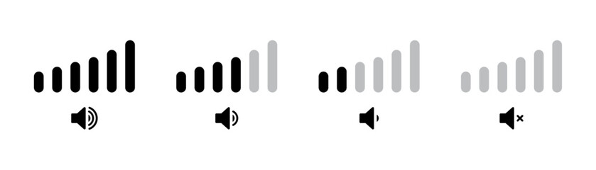 Volume increase interface design set in horizontal style for smartphone and other devices in black color. Volume levels set.