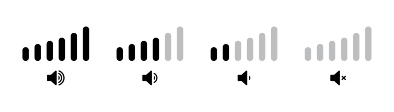 Volume increase interface design set in horizontal style for smartphone and other devices in black color. Volume levels set.