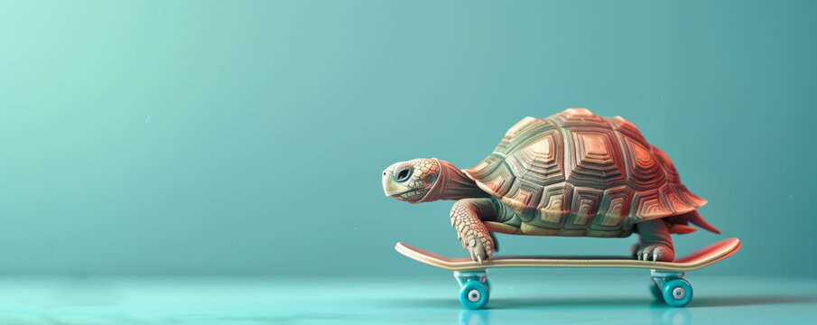 Speed up concept with tortoise riding skateboard. Ai generative art
