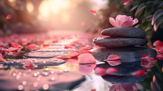 A spa promo image featuring a serene setting with rose petals, smooth stones, and a relaxing ambiance