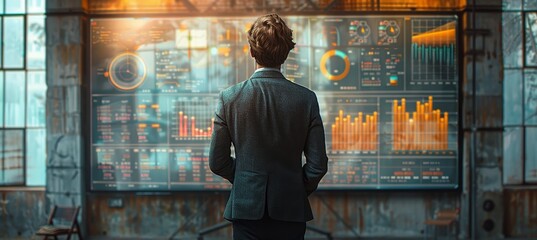 Obraz premium Businessman Standing in Front of Large Screen with Financial Data