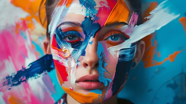 A vibrant and abstract portrait of a woman with colorful paint strokes on her face, reflecting creativity and artistic expression.