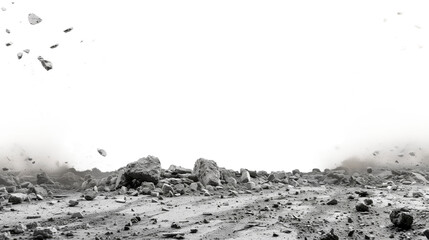 A close-up view of shattered concrete rubble and a dust cloud, isolated against a white background