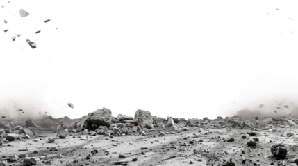 A close-up view of shattered concrete rubble and a dust cloud, isolated against a white background