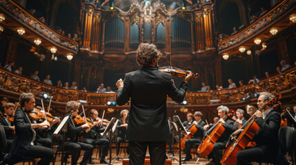 Back View Cinematic shot of Conductor Directing Symphony Orchestra with Performers Playing Violins, Cello and Trumpet on Classic Theatre with Curtain Stage During Music Concert.