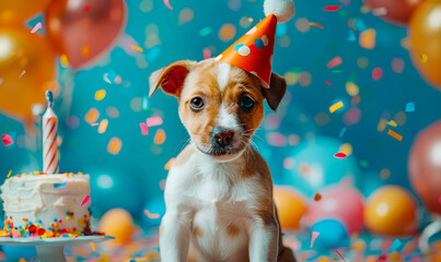 Fototapeta premium A cute puppy wearing a party hat smiles at the camera with a birthday cake and confetti in the background