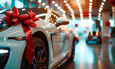 A new white car sits on a showroom floor with a large red bow tied on the front