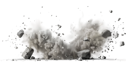 A large dust cloud bursts from the ground with large rocks flying through the air