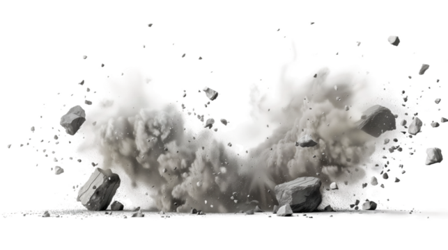 A large dust cloud bursts from the ground with large rocks flying through the air