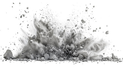 A close-up photo of a gray dust explosion with debris flying upwards on a white background