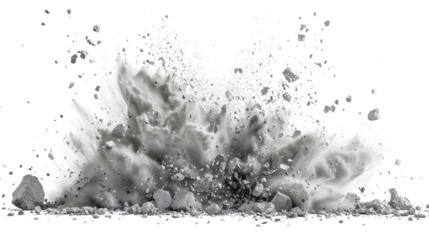 A close-up photo of a gray dust explosion with debris flying upwards on a white background