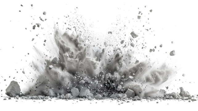 A close-up photo of a gray dust explosion with debris flying upwards on a white background