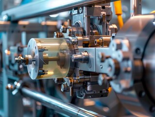 Fototapeta premium Precision Industrial Machine Extruding Plastic Materials in Manufacturing Plant.