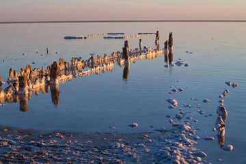Ruins of an ancient wooden pier and salt mud baths on the Elton salt lake on a sunny May evening....