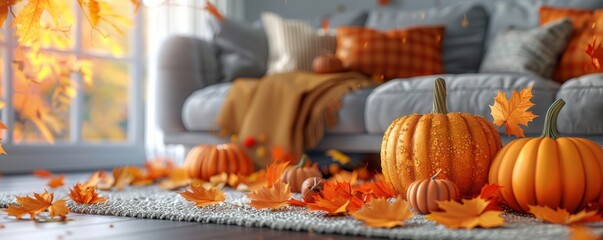 Fototapeta premium Cozy autumn living room with pumpkins, fall leaves, and a comfortable sofa, illuminated by warm, natural light from the window.