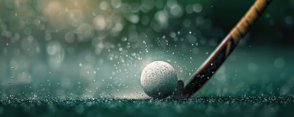 A field hockey stick and ball on wet artificial turf, illuminated with dramatic lighting, creating a dynamic and action-focused sports scene.