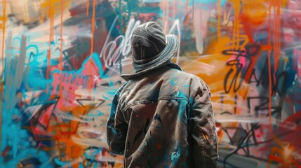 Back View of a Graffiti Artist at Work 
