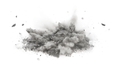A grey dust cloud explodes outward against a white background