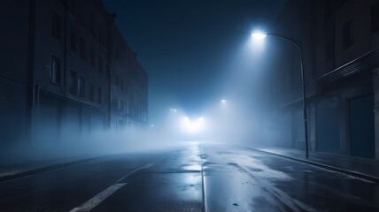 The atmosphere of the street at night is quiet with fog and smoke under the lights. Foggy night. Fog and smog, lights at night background