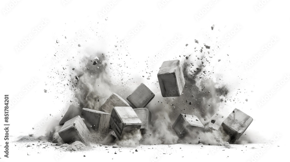 Poster an image showcasing a dramatic explosion of concrete blocks, creating a large dust cloud against a w