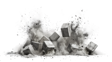 An image showcasing a dramatic explosion of concrete blocks, creating a large dust cloud against a white backdrop