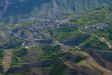 View of the mountain village of Chokh on a sunny May day. Dagestan, Russia