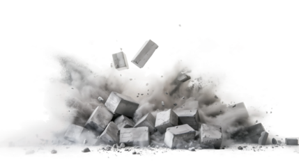 A pile of concrete blocks explodes outward, sending dust and debris flying in all directions